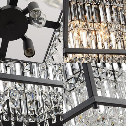 LMQNINE Farmhouse Chandelier - Black Metal Crystal Pendant Light for Kitchen, Dining, Living Room - Flat & Inclined Ceiling (Trapezoid -15.74in)