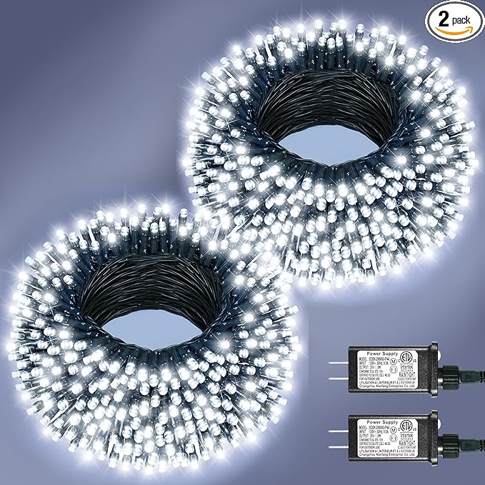 2 Pack Christmas Lights Outdoor, Total 200FT 600LED String Lights for Outside with 8 Modes Waterproof, Green Wire Fairy Twinkle Lights for Indoor House Patio Yard Party Holiday Decorations, White