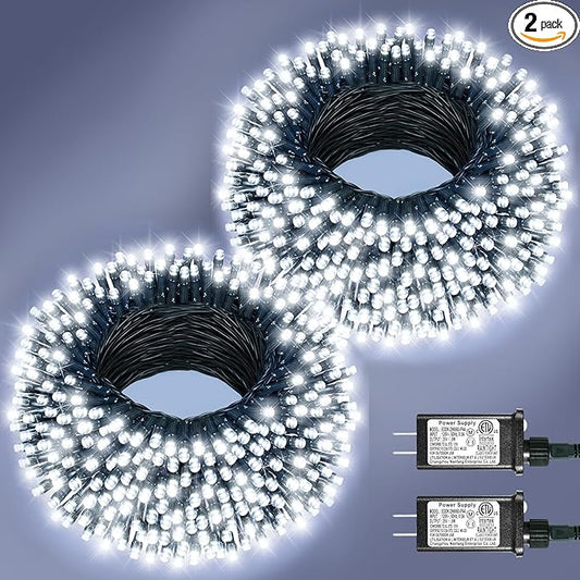 2 Pack Christmas Lights Outdoor, Total 200FT 600LED String Lights for Outside with 8 Modes Waterproof, Green Wire Fairy Twinkle Lights for Indoor House Patio Yard Party Holiday Decorations, White