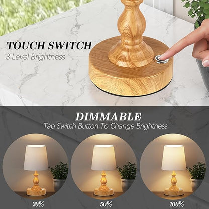 PARTPHONER Mini Cordless LED Table Lamp, 5200mAh Rechargeable Battery Operated Lamp, 3-Level Brightness, Touch Dimmable Desk Lamp, Bedside Night Light for Patio Camping Restaurant Home, Wood Grain