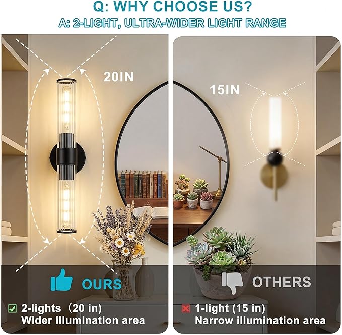 Bathroom Light Fixtures 2 Pack Hardwired, Black Wall Sconce Threaded Glass Vanity Light Featuring Two E26 sockets, Bathroom Wall Light Dimmable - Bulb Not Included, UL Certification