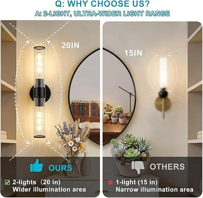 Bathroom Light Fixtures 2 Pack Hardwired, Black Wall Sconce Threaded Glass Vanity Light Featuring Two E26 sockets, Bathroom Wall Light Dimmable - Bulb Not Included, UL Certification