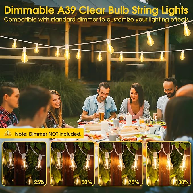 Larkvue 100FT Outdoor String Lights, LED Patio Lights with 32 Waterproof Shatterproof Dimmable A39 Hanging Bulbs(2 Spare) for Garden Wedding-White