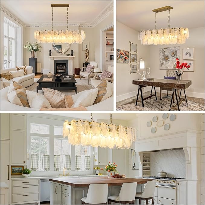 Modern Rectangle Glass Chandelier, 43.31 Inch Gold Luxury Crystal Pendant Light, 12-Light Oval Cloud-Shaped Fixture for Island Lights Dining Room, Living Room, E12 Socket