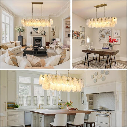 Modern Rectangle Glass Chandelier, 43.31 Inch Gold Luxury Crystal Pendant Light, 12-Light Oval Cloud-Shaped Fixture for Island Lights Dining Room, Living Room, E12 Socket