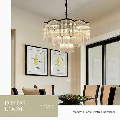 27.75" Black Clear Glass Crystal Chandelier 14-Light Modern Crystal Pendant Ceiling Light Fixture 4-Tier Luxury Glass Chandeliers,for Dining Room Kitchen Island Living Room Bedroom