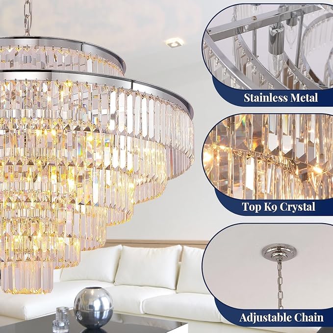 Large Crystal Chandelier Luxury Pendant Ceiling Lights Fixture Hanging Raindrop Pendant Light Fixture for Dining Room Bedroom Living Room-Chrome, 39 Inch