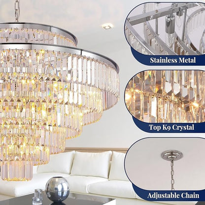 Large Crystal Chandelier Luxury Pendant Ceiling Lights Fixture Hanging Raindrop Pendant Light Fixture for Dining Room Bedroom Living Room-Chrome, 39 Inch