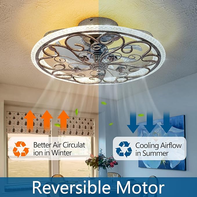 Rustic Caged Ceiling Fan with Lights Remote Control, Retro Industrial Ceiling Fan with Light for Kitchen Bedroom Living Room