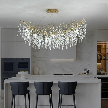 Rectangle Crystal Tree Branch Chandelier, L40'' Modern Luxury Gold Linear Art Deco Raindrop Pendant Lighting Fixture for Kitchen Island Foyer Living Room Dining Room 10 Lights