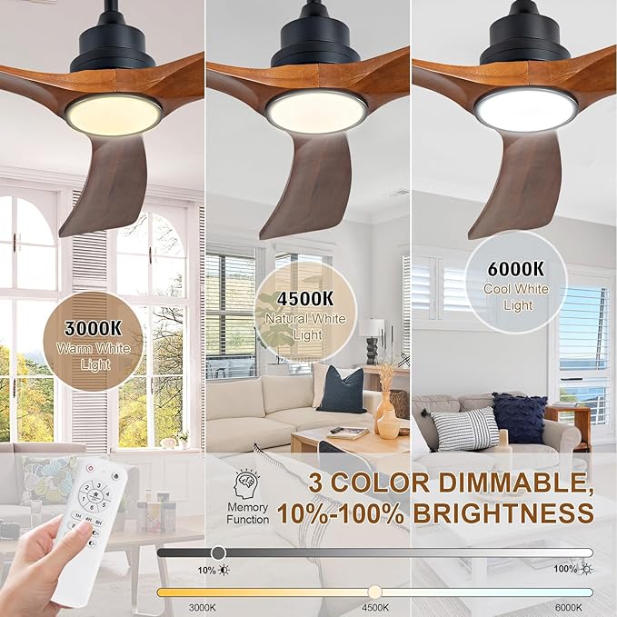 52 inch Ceiling Fans with Lights and Remote Control,Wall Switch,Solid Wood Blades,Dimmable,Reversible Noiseless,Power Off Memory Modern Black Ceiling Fan for Bedroom Patio Indoor/Outdoor Use