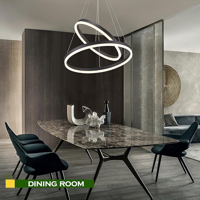Benkut 2-Rings Modern LED Chandelier Black for Dining Room, Circular Flush Mount Ceiling Chandelier Light Dimmable Pendant Light with Remote Control for Living Room Entrance Foyer, 3000K-6500K