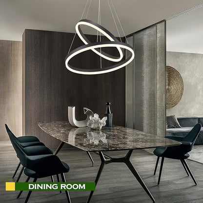 Benkut 2-Rings Modern LED Chandelier Black for Dining Room, Circular Flush Mount Ceiling Chandelier Light Dimmable Pendant Light with Remote Control for Living Room Entrance Foyer, 3000K-6500K