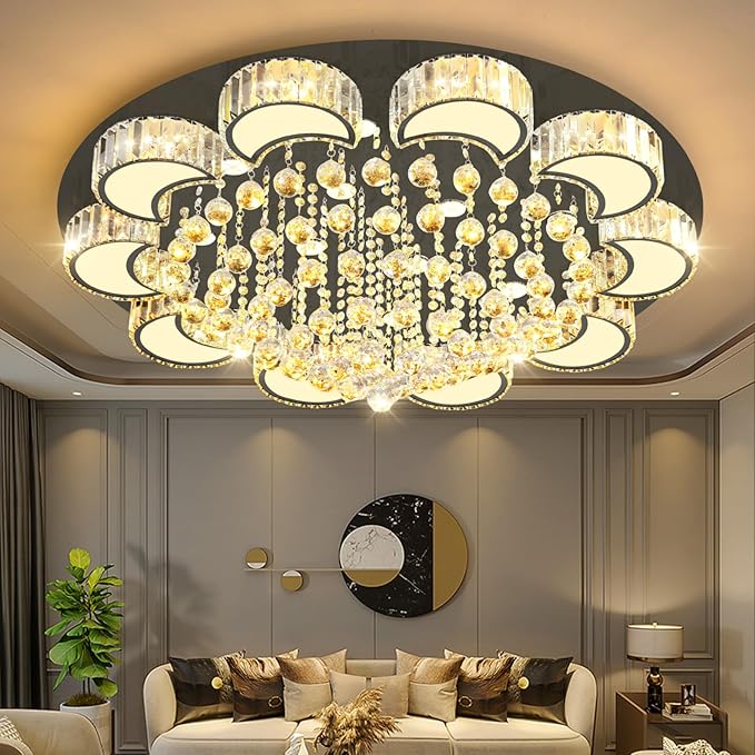 40" Black Modern Crystal Chandeliers for Dining Room LED Dimmable Light Fixtures Flush Mount Light Living Room Bedrooms