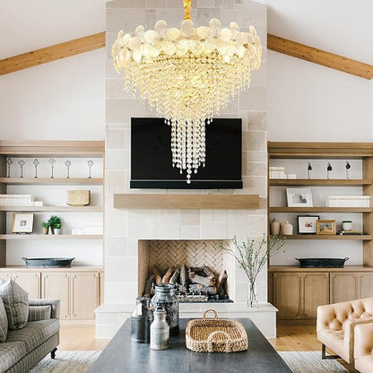 Gold Crystal Chandelier, 23.6" Luxury Flower Round Contemporary Chandeliers, 9-Light Adjustable Height Ceiling Fixture Elegant Modern Chandelier for Dining Room, Living Room, Staircase