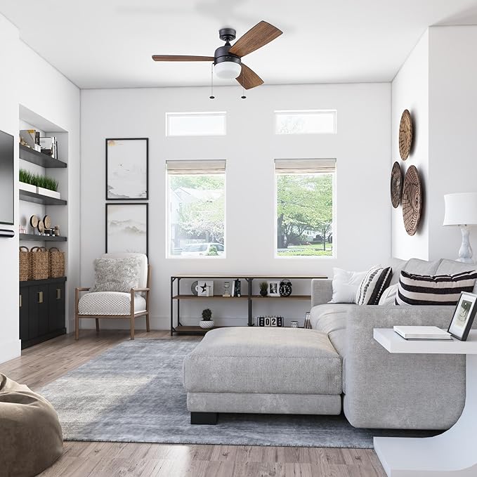 Honeywell Ceiling Fans Barcadero Contemporary 44 Inch Ceiling Fan with Light, Pull Chain, LED Indoor Fan with 3 Blades, Matte Black (51476-01)