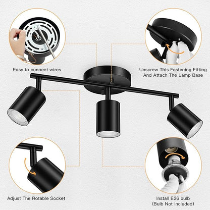 BoostArea LED 3 Light Track Lighting Kit, Black 3 Way Ceiling Spot Lighting, Flexibly Rotatable Light Head for Kitchen, Living Room, Bedroom, GU10 Bulb Not Included