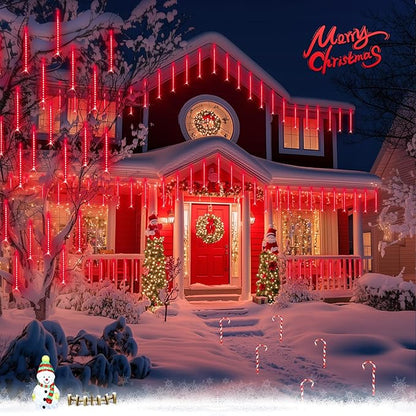 JMEXSUSS Red Solar Christmas Lights Outdoor, 8 Tube 144 LEDs Solar Meteor Shower Rain Lights, Red Twinkle Light for Tree Eaves Fence Christmas Decorations