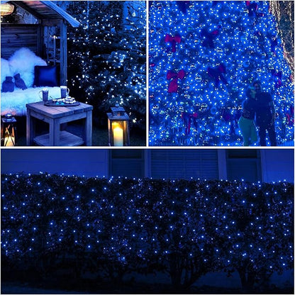 Blue Christmas Net Lights Outdoor 5ft x 6ft Connectable, 120Led 8 Modes Waterproof Black Wire 29V Plug in Mesh Net Christmas Lights for Garden, Yard, Bushes, Trunk, Xmas Tree Decor (Blue)
