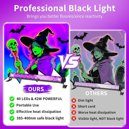 42W Black Light Bar with 5.25ft Cord and Switch, Light Up 23x23ft, 40 LEDs Blacklights for Glow Party, Halloween Decor, Body Paint, Bedroom, Classroom 1 Pack