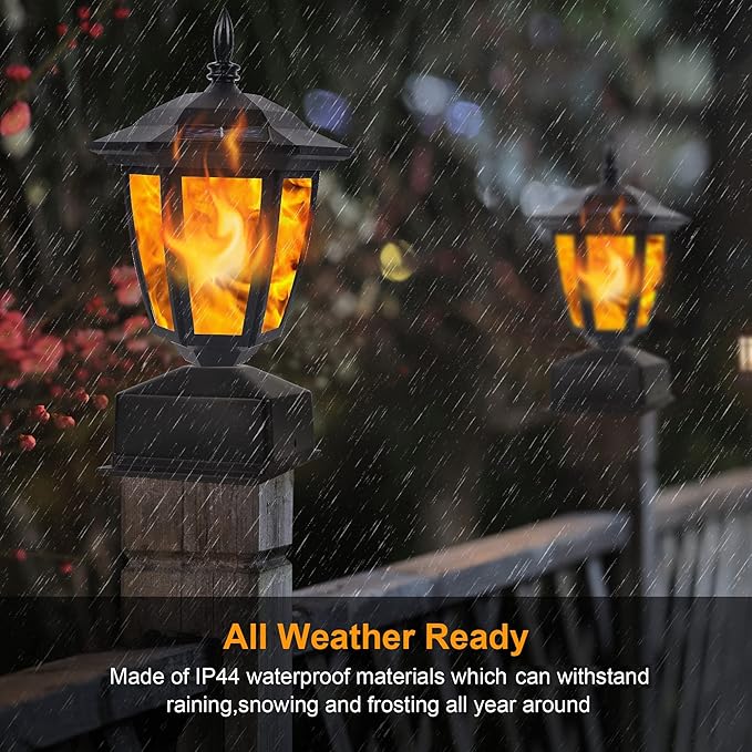 Dynaming Solar Flame Post Lights Outdoor, Solar Powered Lamps Fence Post Cap Lights, Flickering Flame LED Lantern Decorative Waterproof for Garden Deck Patio, Fit 4x4, 5x5 or 6x6 Wooden Posts, 2 Pack