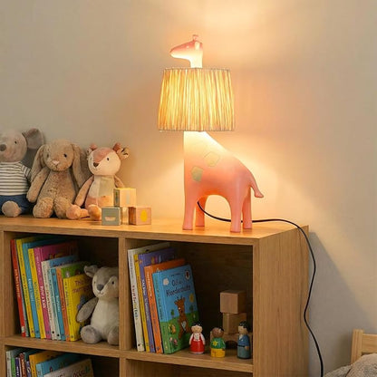 13.7 Inch LED Giraffe Table Lamp, Resin Animal Desk Lamp with Handcrafted Raffia Shade, Unique Decorative Light, Cute Desk Lamps for Nightstand, Bedroom, Playroom, Nursery, Pink