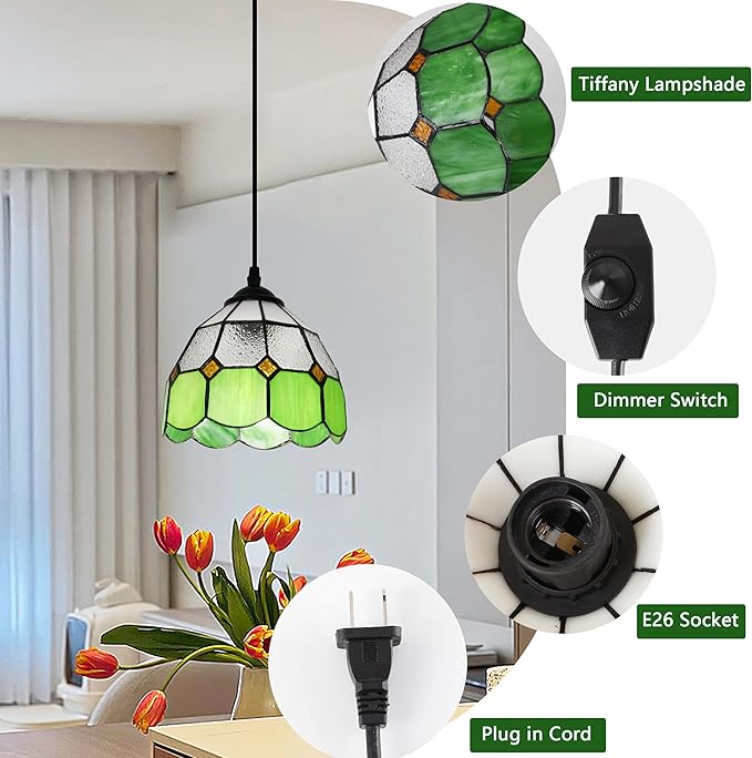 HuisMier Tiffany Style Plug in Pendant Light, Green Mini Chandelier with 15 Ft Hanging Cord and On/Off Dimmer Switch, Vintage Swag Ceiling Lamp for Dining Room Bedroom Living Room Porch, 7.9" Width