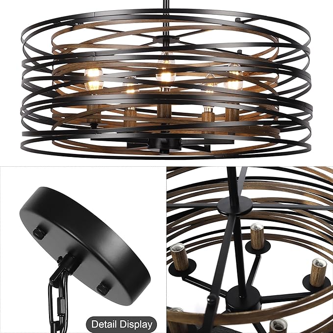 Sigaitwei 5-Light Drum Chandelier for Dining Room，19.7" Rustic Farmhouse Dining Room Light Fixture，Wood Grain and Vintage Black Metal Chandeliers for Kitchen Entryway Living Room