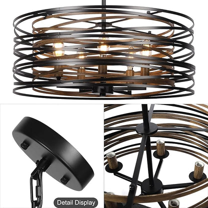 Sigaitwei 5-Light Drum Chandelier for Dining Room，19.7" Rustic Farmhouse Dining Room Light Fixture，Wood Grain and Vintage Black Metal Chandeliers for Kitchen Entryway Living Room