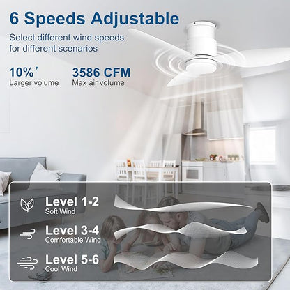 Ohniyou 42'' Flush Mount Ceiling Fans with Lights, Remote/App Control, Dimmable, Silent Indoor/Outdoor Ceiling Fan for Porch, Bedroom, Kitchen, White