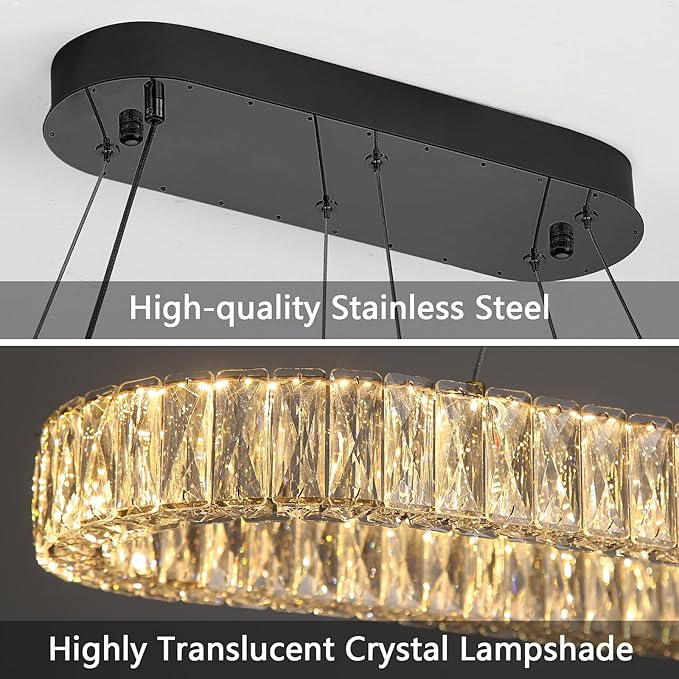 HAIXIANG LED Long Chandeliers for Dining Table Modern Chandelier Dimmable Pendant Lights Crystal Rectangular Glam Lighting Fixtures for Dining Room Kitchen Island Black