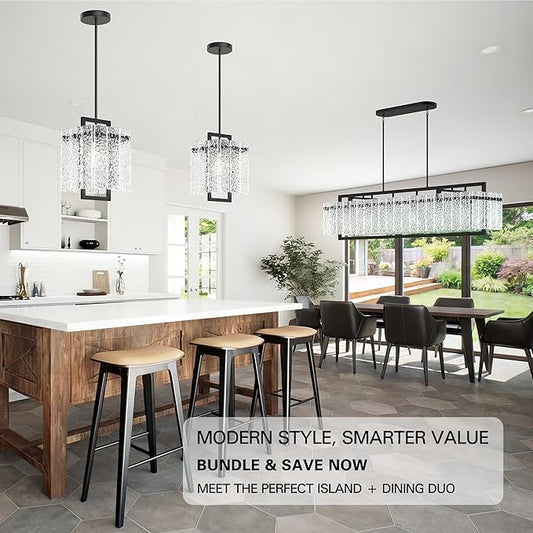 Modern Rectangle Black Crystal Chandeliers for Dining Room, 42" Large Rectangular Water Ripple Glass Island Light Fixture, Linear Farmhouse Lighting for Kitchen Island, Living Room