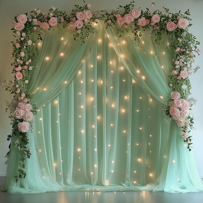 Fomcet Tulle Curtains with Lights String Green 10FT X 10FT Sheer Backdrop Curtains for Parties Wedding Baby Shower Photo Shoot Decorations (2 Panels 5x10FT)