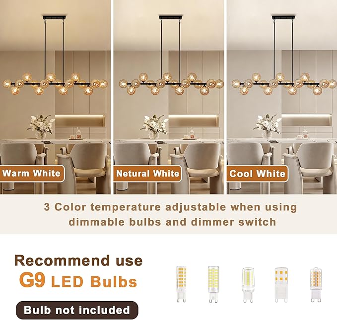 Linear Sputnik Chandelier, 55" Dining Room Light Fixture Modern Chandelier with Amber Swirled Globe 16 Lights Long Chandeliers for Dining Room Kitchen Island Large Chandelier for High Ceilings