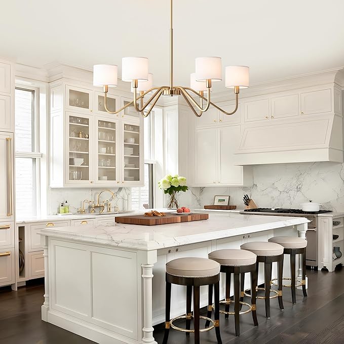Modern Gold 6-Lights Chandelier, 39" Pendant Light with White Fabric Shade Adjustable Classic Chandelier Light Fixtures for Kitchen Island Dining & Living Room Entryway