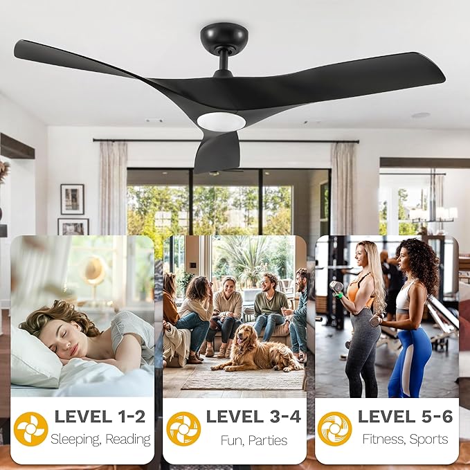 DWVO Ceiling Fan with Light, 52" Ceiling Fan with Remote, LED Tri-Color Temperature, 3 Blade Ceiling Fans Reversible 6 Speeds w/Quiet DC Motor for Bedroom, Living Room, Dining Room, Patio