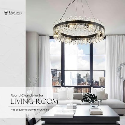 31.9" Black Modern Crystal Chandelier Light Fixtures Luxury 2 Ring Crystal Chandeliers for Dining Room 16-Light Round Hanging Pendant Lighting for Living Room Kitchen Island Entryway Bedroom