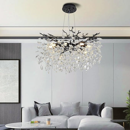 Modern Crystal Tree Branches Chandelier, 23.5in Black 8 Lights Large Ceiling Hanging Light for Dining Room, Round Raindrop Pendant Light Fixture