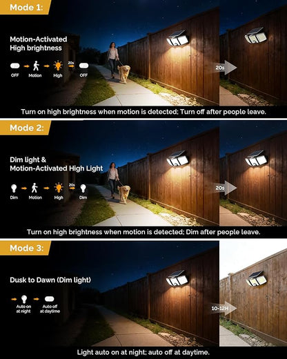 Brightown 4 Pack Solar Outdoor Lights with Motion Sensor, 223 LED 3 Head 270° Wide Angle Street Area Security Lights with Remote, IP65 Waterproof Flood Wall Lights with 3 Modes for Yard Outside