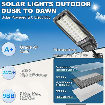 9500W Solar Street Light Outdoor Waterproof, 250000LM Large Commercial Light Solar Powered Dusk to Dawn LED Security Flood Lights with Remote/Motion Sensor, IP67 for Parking Lot/Garden/Yard