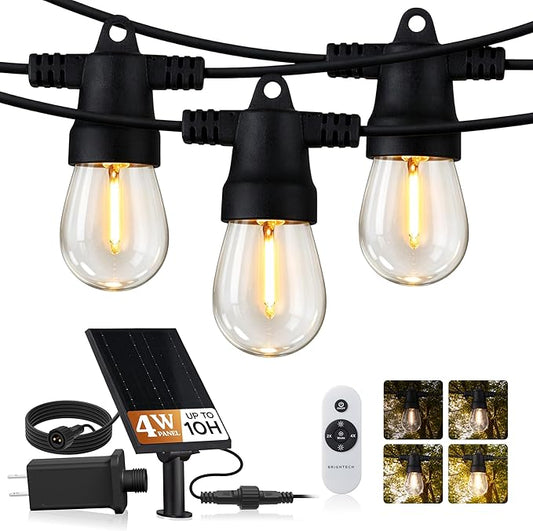 Brightech Ambience Hybrid Outdoor String Lights - Dual Plug and Solar Powered Waterproof LED Light String for Outside - 27 Ft, Dimmable 4W, Soft White Edison Bulbs for Camping, Patio, Cafe, Yard