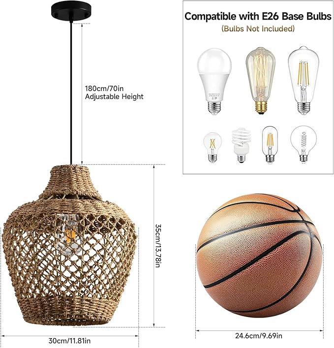 Brown Rattan Pendant Lights Kitchen Island 11.8in Boho Wicker Light Fixture Farmhouse Woven Chandelier Rustic Hanging Lighting for Bedroom Dining Room Restaurant Entryway Hallway Bar