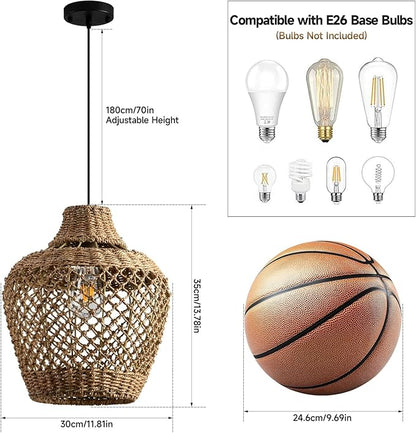 Brown Rattan Pendant Lights Kitchen Island 11.8in Boho Wicker Light Fixture Farmhouse Woven Chandelier Rustic Hanging Lighting for Bedroom Dining Room Restaurant Entryway Hallway Bar