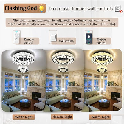 Flashing God Dia 12" Crystal Mini Chandelier Crystal Black Ceiling Light Fixtures LED Flush Mount Ceiling Light for Living Room Bedrooms Dining Room Dimmable 2700k 4500k 6000k