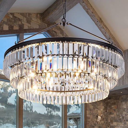 TOCHIC Farmhouse Crystal Chandelier, 29" Black Crystal Dining Living Room Chandelier Light Fixtures, Modern Foyer Chandelier Adjustable Round Hanging Chandeliers for Bedroom Kitchen Entryway Stairway