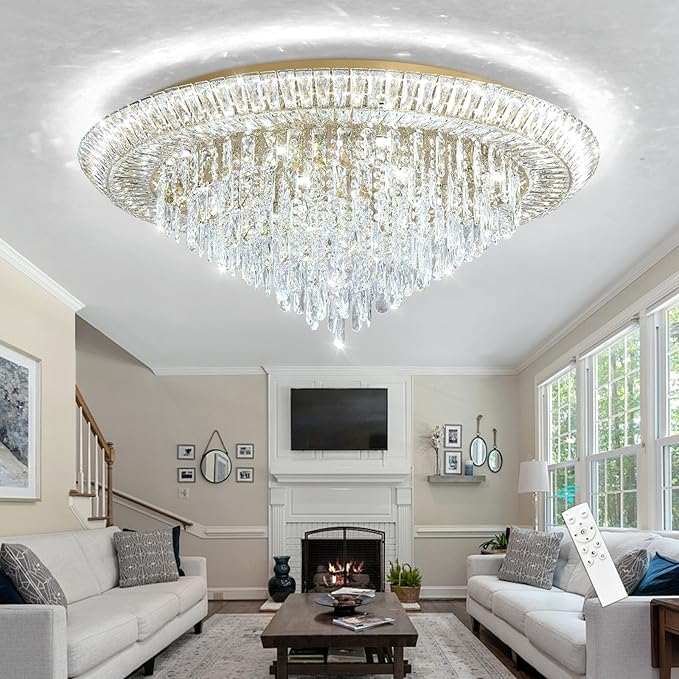 Modern LED Crystal Chandelier for Living Room Dimmable Large Ceiling Light Fixture Round Raindrop Chandeliers for Dining Room Entryway Bedroom Foyer Gold
