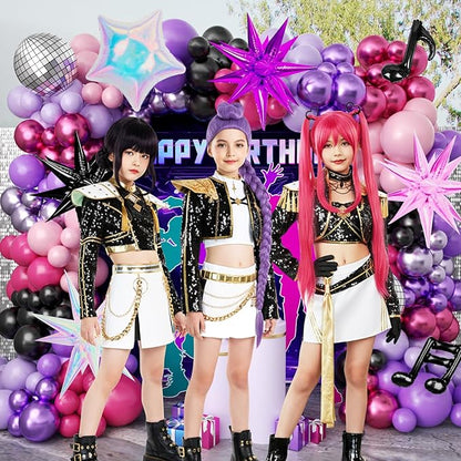 JOGAMS 175Pcs Dark Night Kpop Hunter Balloons Arch Kit, Black Metallic Pink Purple Disco Balloons with Iridescent Star Music Note Foil Balloons for K-Pop Music Disco Theme Birthday Concert-Style Stage