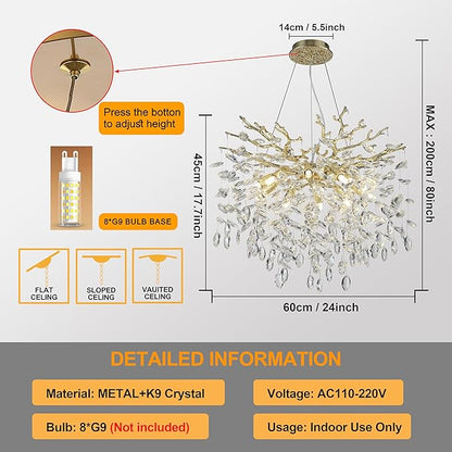 Modern Crystal Tree Branches Chandelier, 23.5in Gold 8 Lights Large Ceiling Hanging Light for Dining Room, Round Raindrop Pendant Light Fixture