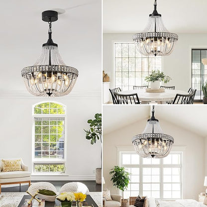 Modern Empire Crystal Chandelier Fan with 119 Square Crystal Accents, 64 Bead Strands, 7-Blade Invisible Fan, Ceiling Fan for Living Room, Bedroom, Dining Hall (Black, 20'' Modern Style)