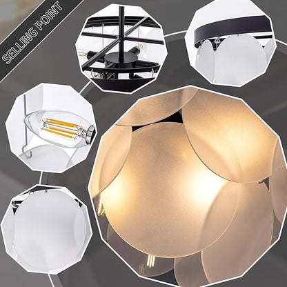 Wellmet Modern Glass Chandelier 22", Black Farmhouse Chandeliers for Dining Rooms, Round Light Fixture with White Frosted Glass Shade for Kitchen Island, Living Room, Bedroom, Hallway